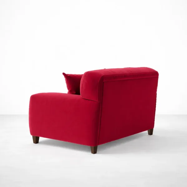 Red velvet loveseat with teakwood legs angled view, INTERIORZE RUBY.