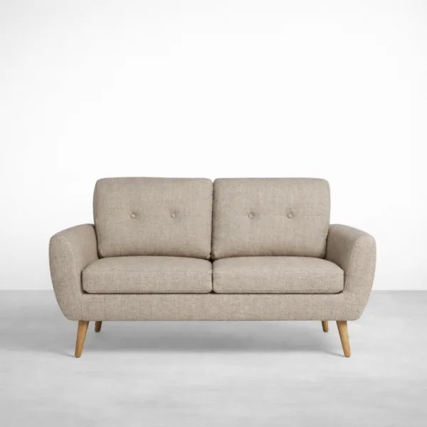 Beige 2 seater sofa front view with button tufted back cushions by INTERIORZE Soren