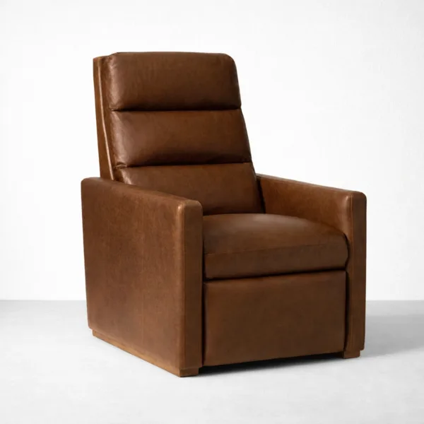 Brown leather power recliner chair angled view with cushioned backrest