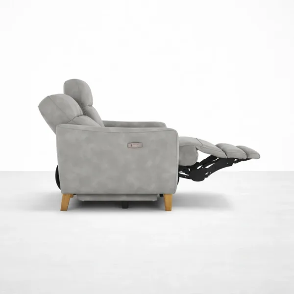 side view of slate grey 3 seater electric recliner sofa in reclined position INTERIORZE