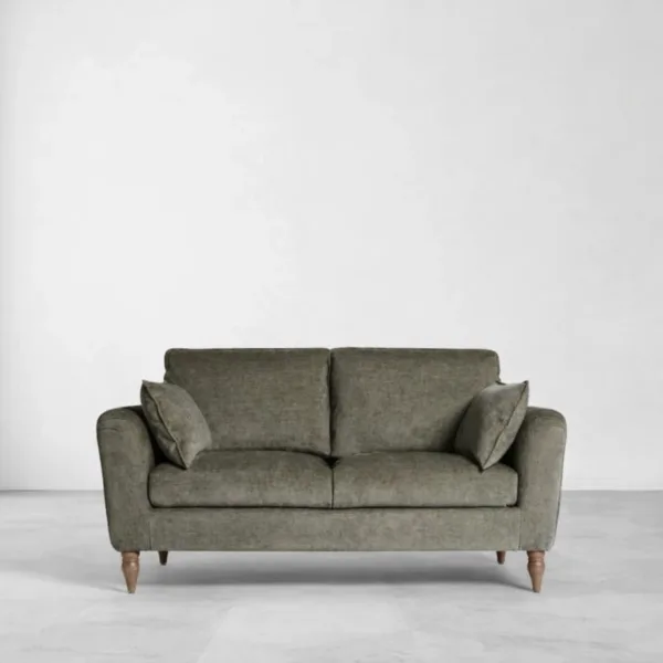 Olive green 2 seater sofa front view with teakwood legs by INTERIORZE Arde