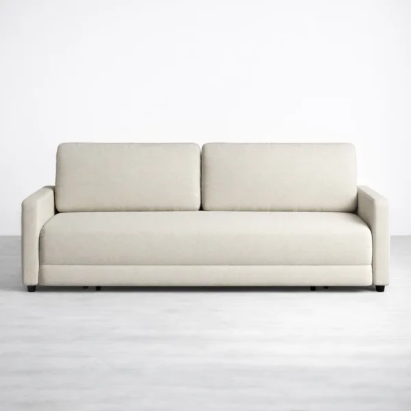 Grey sofa cum bed with teakwood frame and clean square arms front view by INTERIORZE