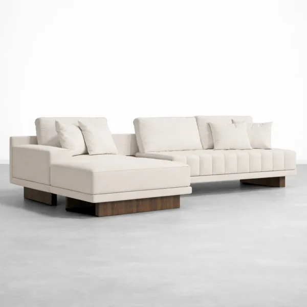 Teakwood base and upholstery finish of ivory sectional sofa INTERIORZE close up