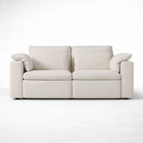 2 seater motorized recliner sofa in pearl white linen fabric by INTERIORZE front angle view