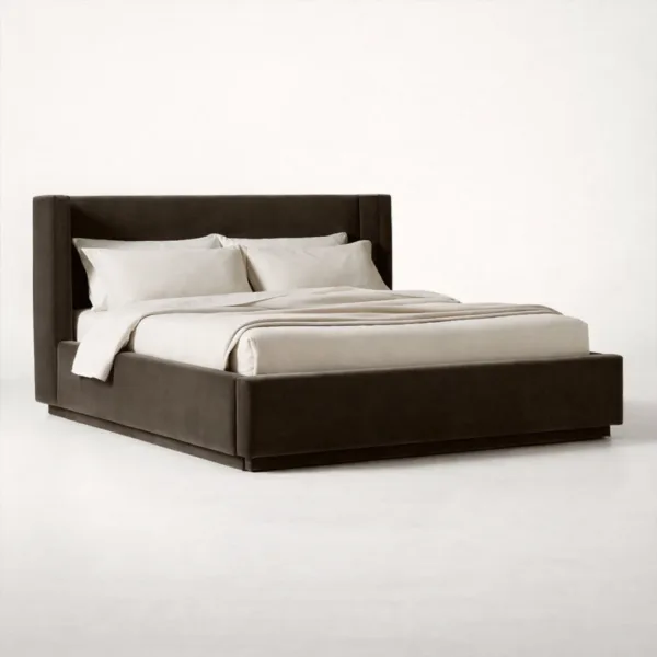 Close-up of footboard storage drawer in INTERIORZE Auren teakwood upholstered storage bed