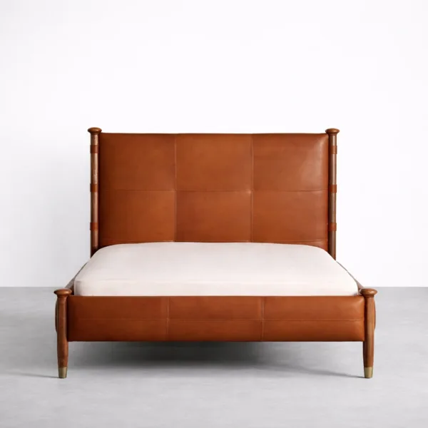 Front view of teakwood leather bed with panel headboard and upholstered frame