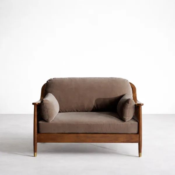 Front view of cane teakwood 2 seater sofa with smoke grey upholstery cushions