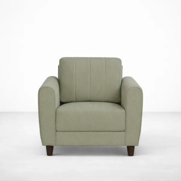 Sage green armchair with teakwood legs front view, INTERIORZE ELM.