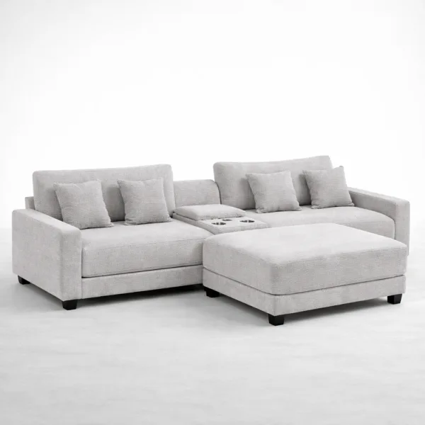 Grey sectional sofa console with cup holders and storage compartment