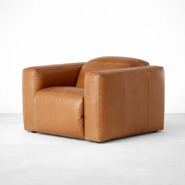 INTERIORZE cognac brown leather recliner chair front angle view with box arms cognac leather recliner chair