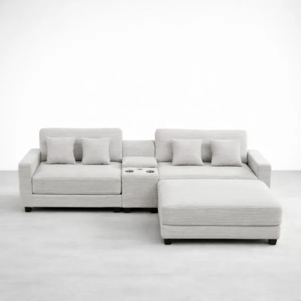 Front view of grey corduroy sectional sofa with ottoman by INTERIORZE