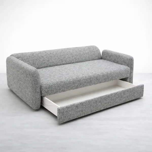 Under-seat pull-out storage drawer open on grey boucle sofa cum bed INTERIORZE