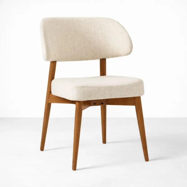 Beige upholstered dining chair with teakwood legs walnut polish front angle