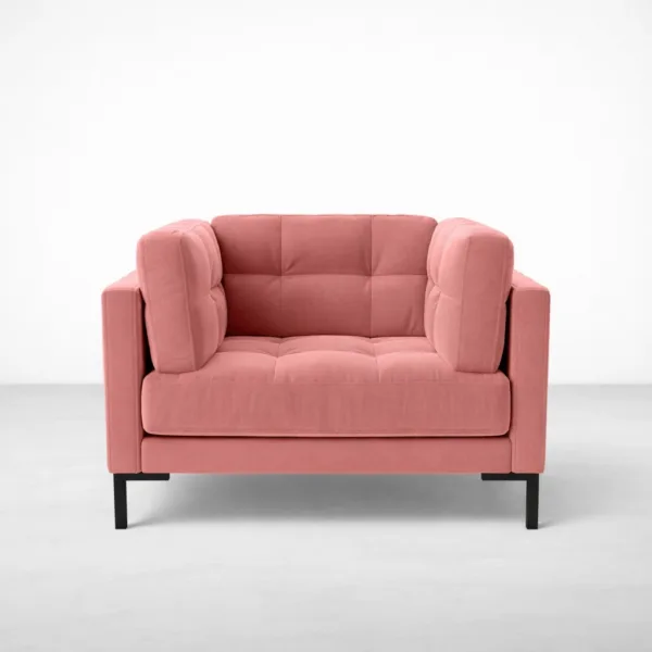 Pink velvet lounge chair with metal legs front view showing tufted cushions, INTERIORZE ROSELYN.