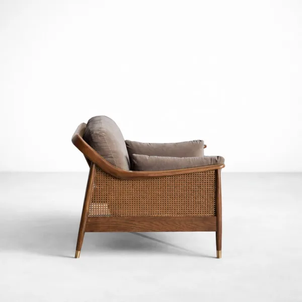 Cane teakwood 2 seater sofa side view in smoke grey upholstery by INTERIORZE