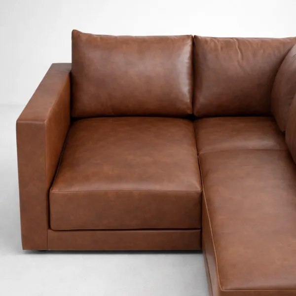 Hudson brown leather L shape sectional sofa with chaise in a modern box-arm design