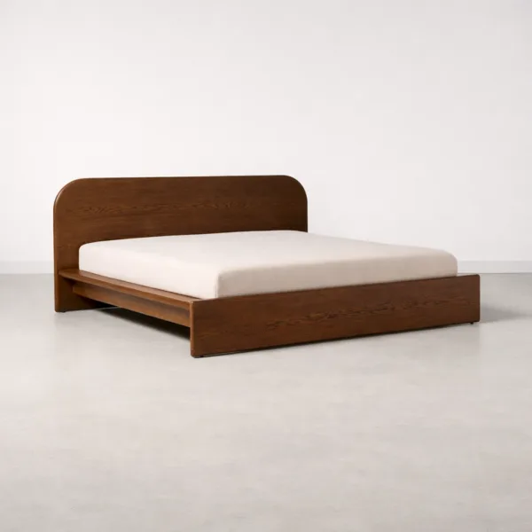 INTERIORZE Avelo teakwood low platform bed front angled view in warm walnut finish