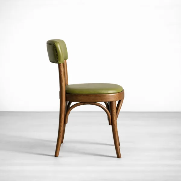Side view of olive green dining chair in teakwood frame with cushioned seat
