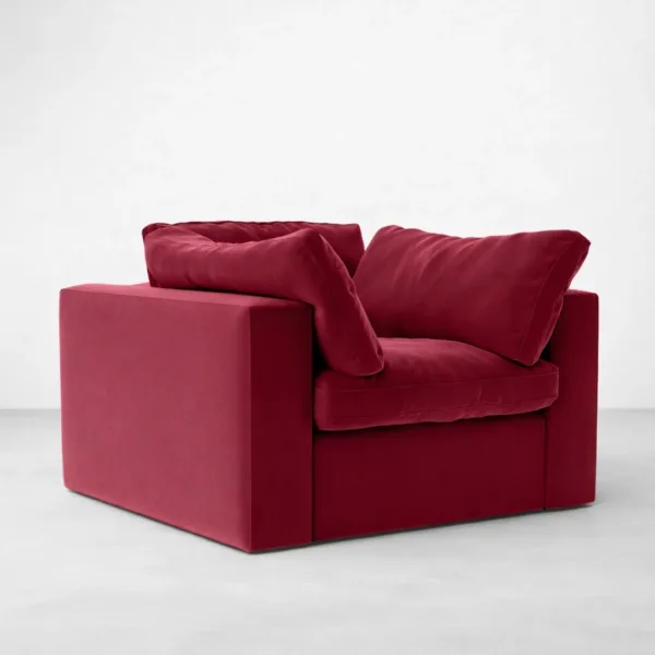 Burgundy velvet lounge chair with teakwood legs three-quarter view, INTERIORZE RUBYLOFT.