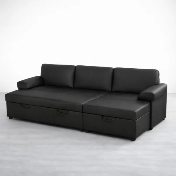 Angled view of black sectional sofa cum bed with chaise and storage INTERIORZE