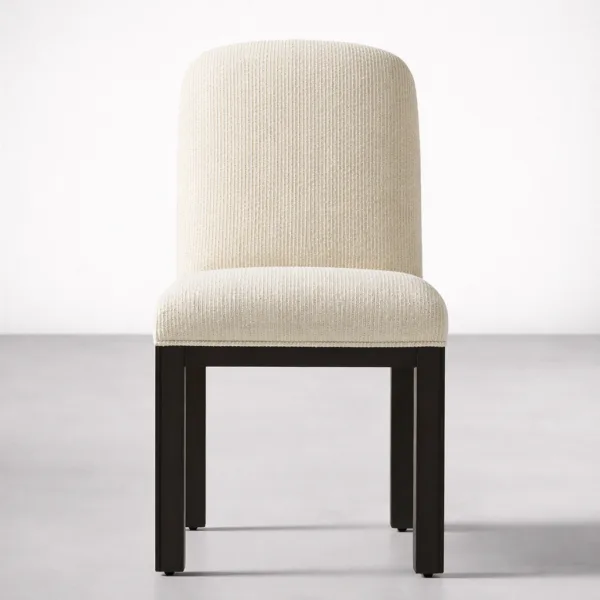 INTERIORZE Elvara solid teakwood upholstered dining chair front view in cream fabric