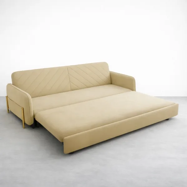 Beige sofa cum bed with pull-out bed platform extended by INTERIORZE