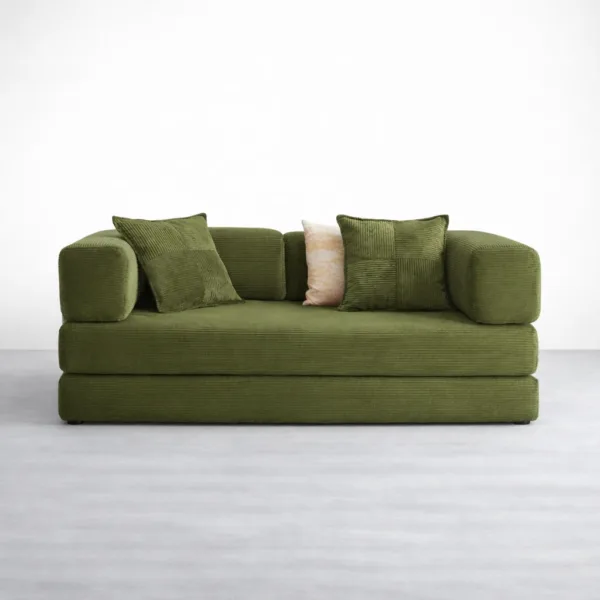 Olive green corduroy sofa cum bed low seating front view with cushions INTERIORZE Corduroy Sofa Cum Bed Floor Lounger