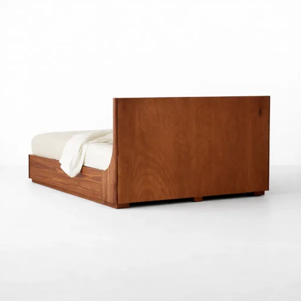 Back view of INTERIORZE Arvon teakwood storage bed in walnut polish finish