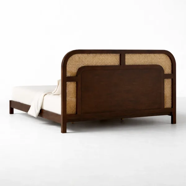 Back view of INTERIORZE Arinya teakwood cane headboard bed with cane and wood headboard detail