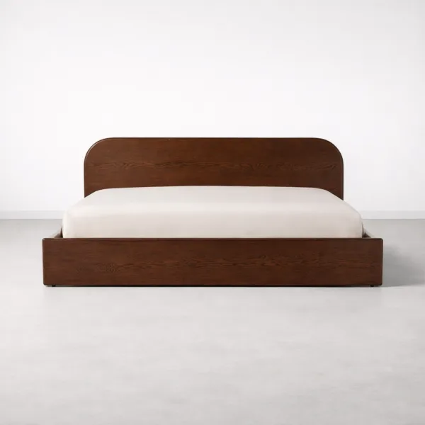 Front view of INTERIORZE Avelo teakwood low platform bed with rounded wooden headboard