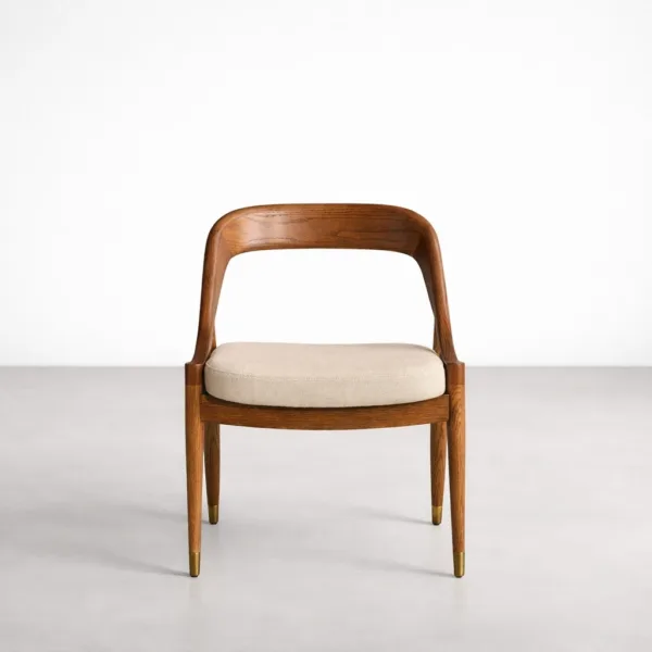 INTERIORZE Elara solid teakwood dining chair front view with beige upholstered seat
