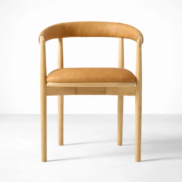 Teakwood upholstered dining chair natural wood frame tan seat front view