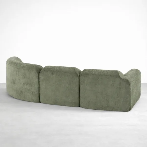 Rear view of olive green modular sectional sofa showing connected modules