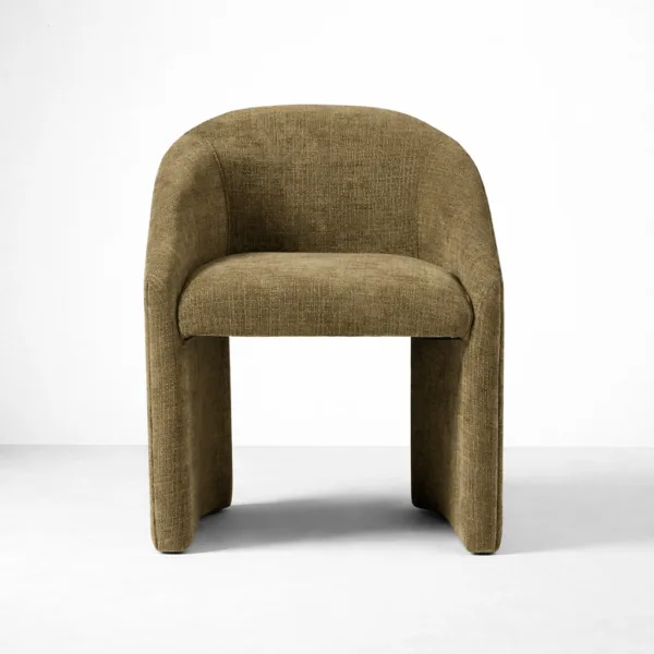 Front view of olive upholstered accent chair with comfortable padded seat