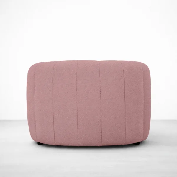 Blush boucle barrel chair back view showing stitched panels, INTERIORZE PETAL.