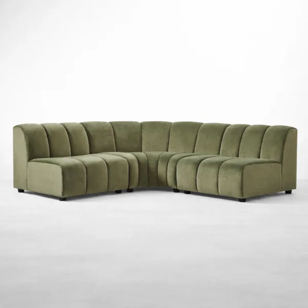 Olive green modular L-shape sofa showing curved corner seating arrangement