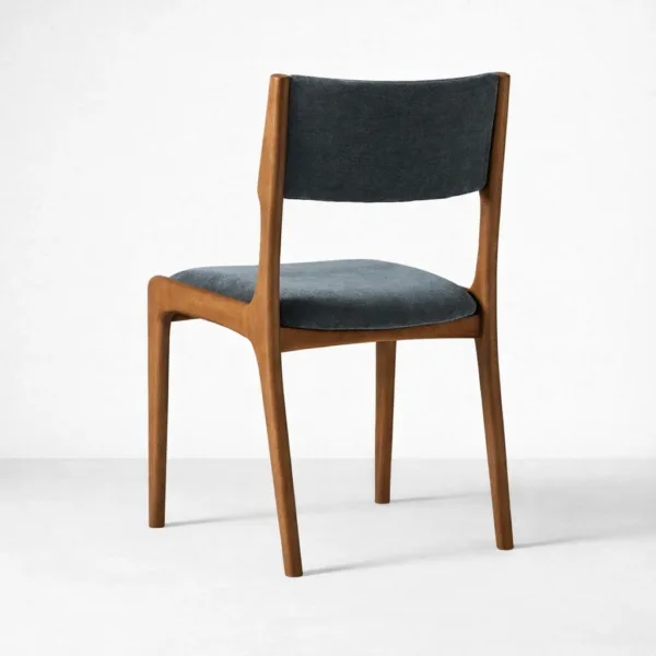 Blue upholstered teak dining chair with solid wood frame