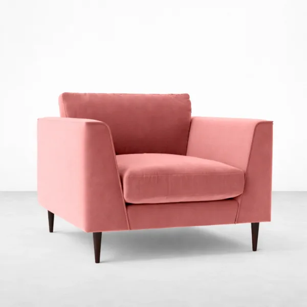 Pink velvet armchair with teakwood legs angled view, INTERIORZE ZARIA.