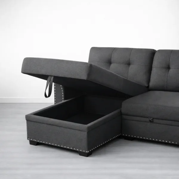 Chaise storage opened on dark grey L shape sofa cum bed with lift-up compartment INTERIORZE