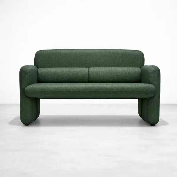 Front view of the Aster forest green 2 seater sofa with a modern low-profile silhouette.