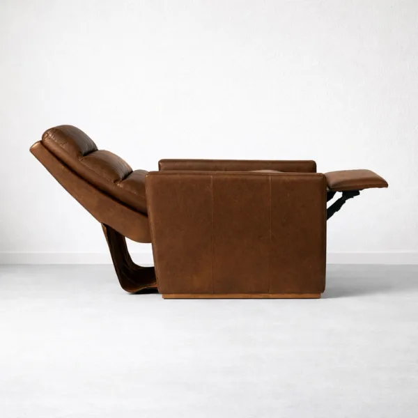 Brown leather power recliner in reclined position with footrest extended