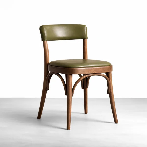Olive green dining chair with teakwood frame and upholstered seat by INTERIORZE