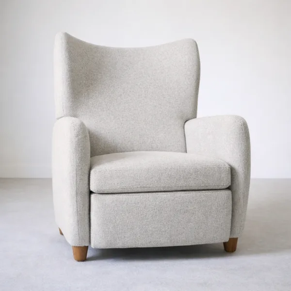 Wingback recliner chair front view in cloud grey bouclé fabric by INTERIORZE