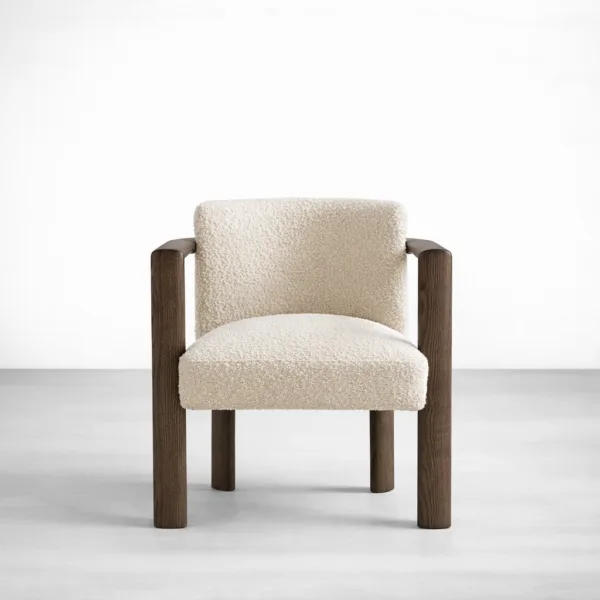 Boucle armchair teakwood frame in ivory upholstery front view