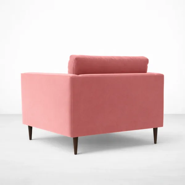 Pink velvet armchair with teakwood legs back view, INTERIORZE ZARIA.