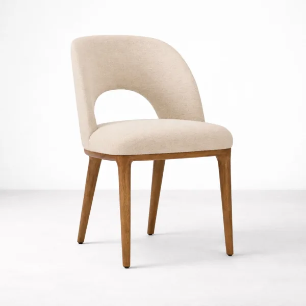 Upholstered teakwood dining chair cream fabric cut-out back walnut polish front angle