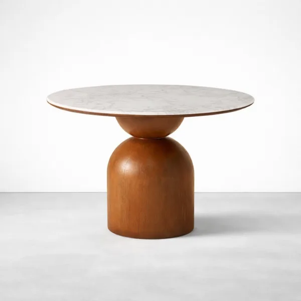 Side profile of INTERIORZE Aurelia round marble top teakwood dining table