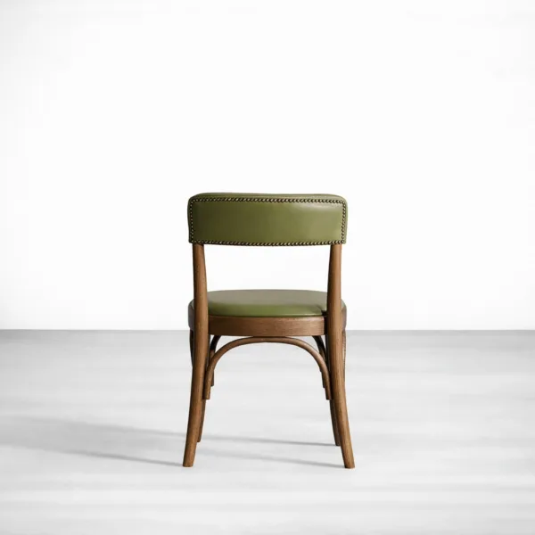 Back view of olive green dining chair showing upholstered backrest and detailing
