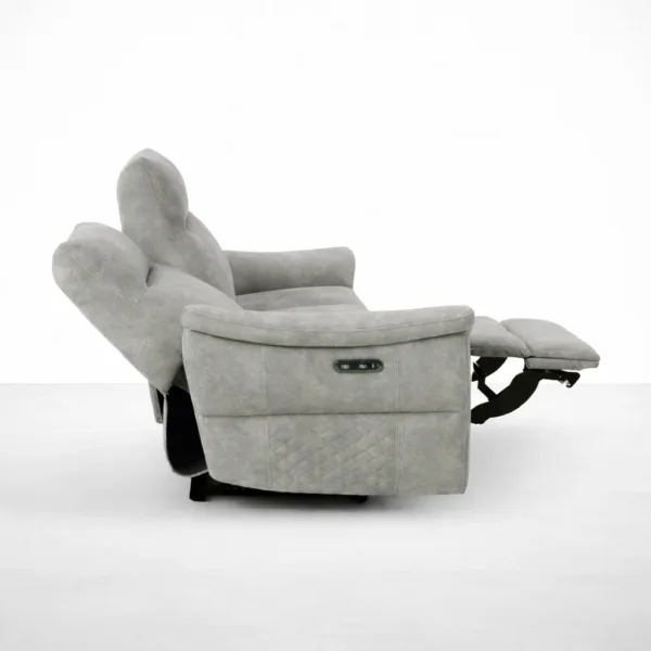 3 seater power recliner sofa side view with recline light grey