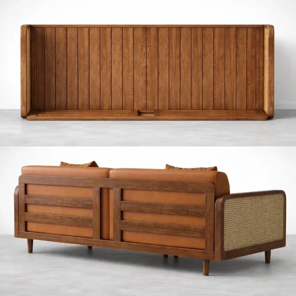 Back view of teakwood sofa cum bed frame with wooden panel detailing by INTERIORZE